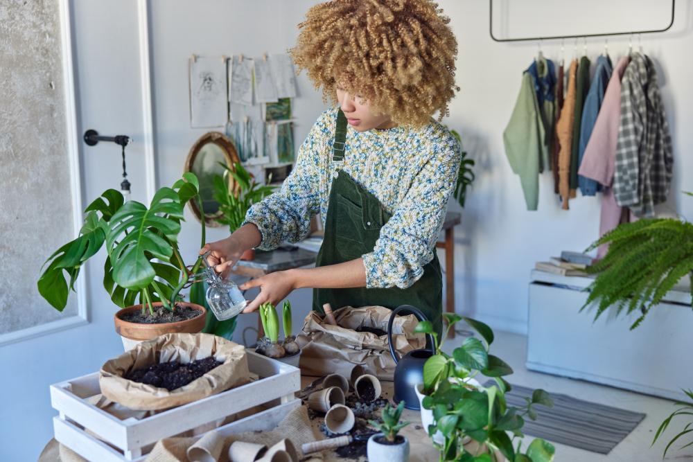 Woman taking care of plants