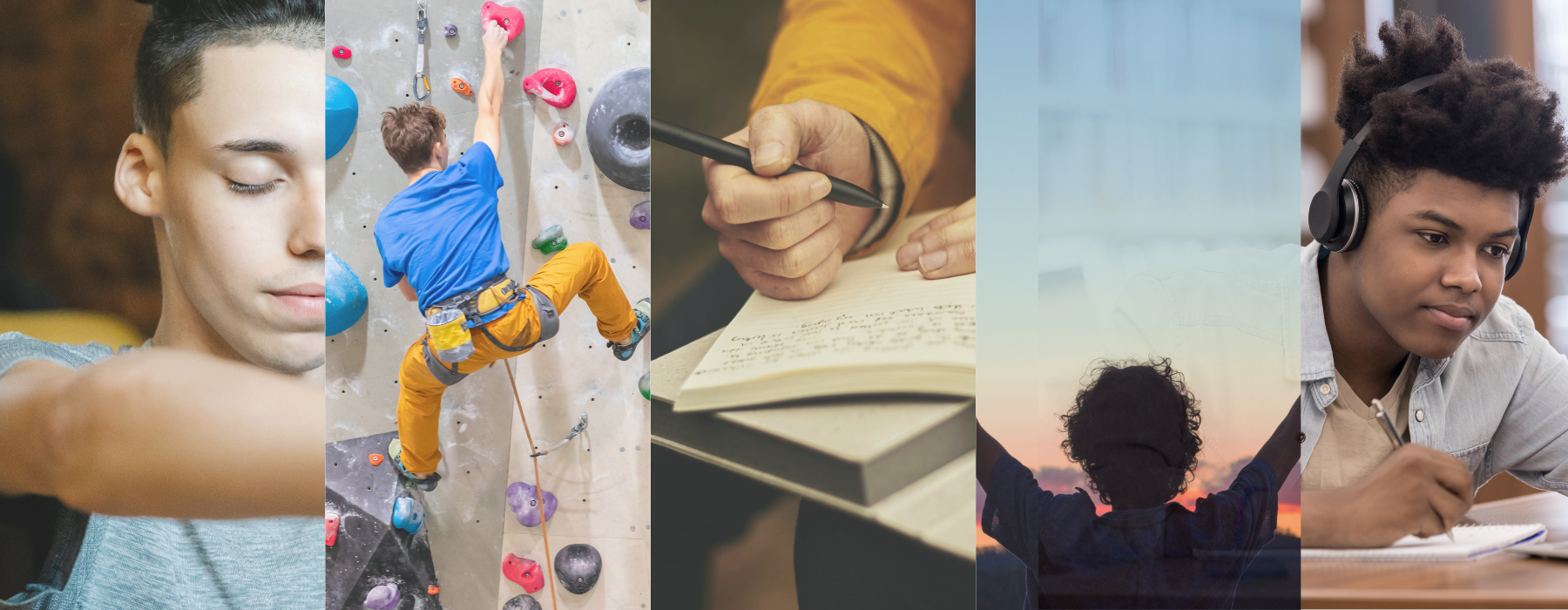 five images of teens meditating, climbing, writing, studying and hiking